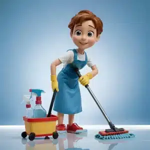 3D cartoon boy character mopping with cleaning supplies beside
