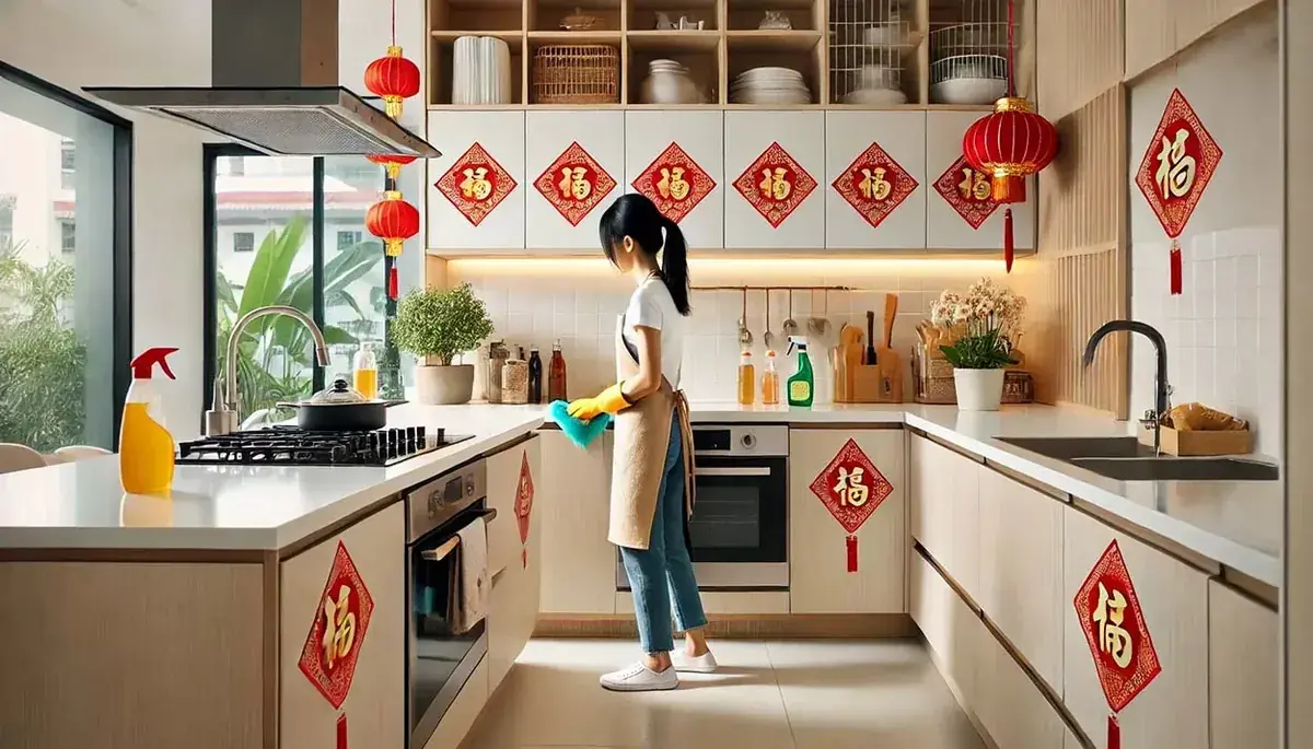 Woman cleaning kitchen for Chinese New Year with festive decorations