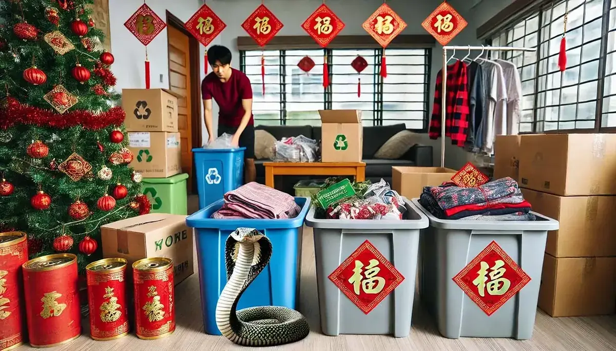 Family sorting clothes for donation and recycling during Chinese New Year spring cleaning in Singapore