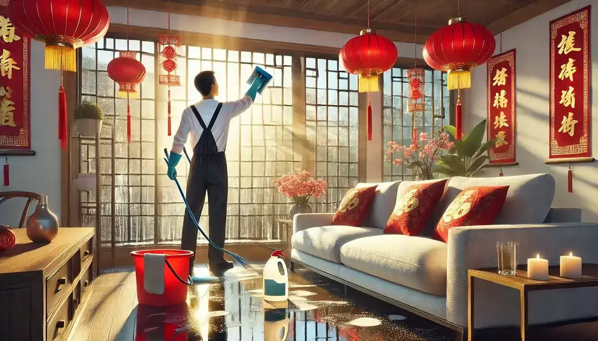 Man cleaning window with Chinese New Year lanterns and decorations