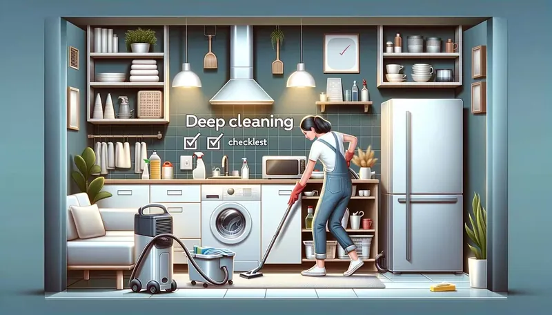Deep cleaning checklist in a modern kitchen environment with cleaner vacuuming