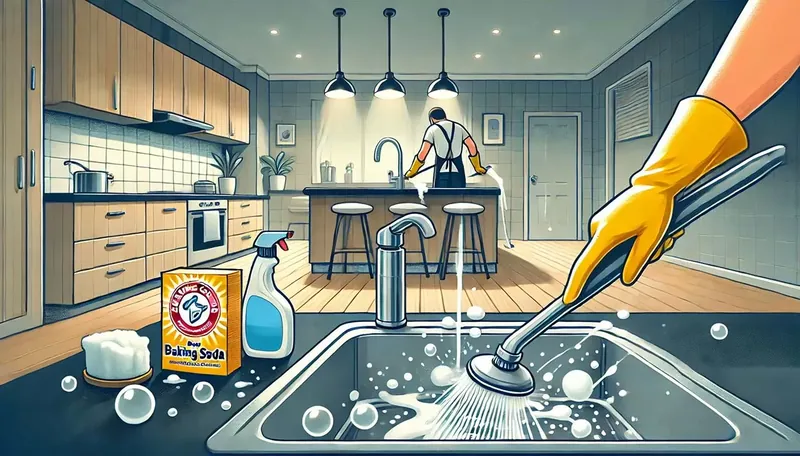 Farewell cleaning concept for end-of-tenancy in a bright illustrated bathroom and kitchen