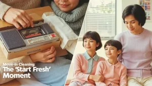Move-in cleaning start fresh moment with smiling family and radio