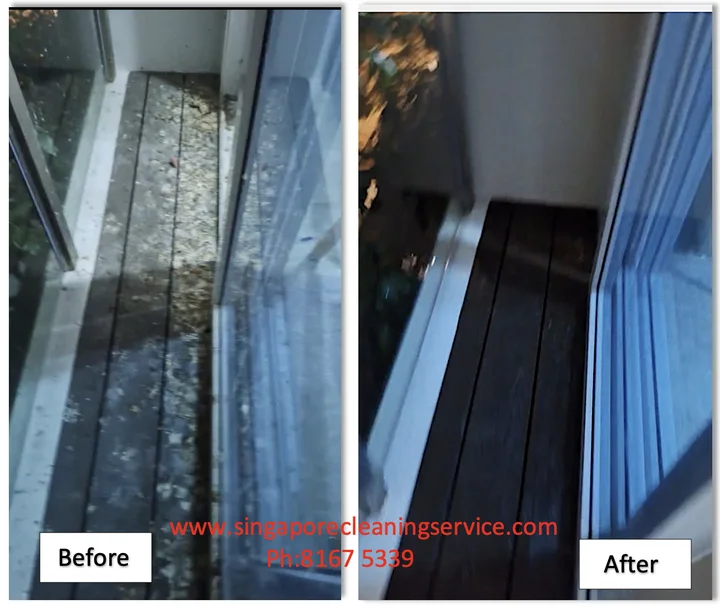 Before and after cleaning of balcony window and floor during move in service in Singapore