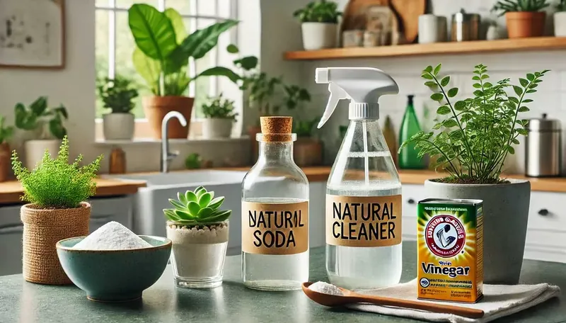 Natural cleaning ingredients like soda and vinegar on kitchen counter