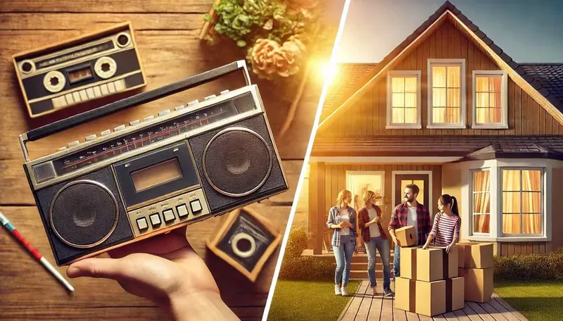 Retro radio and moving day with friends arriving at new house