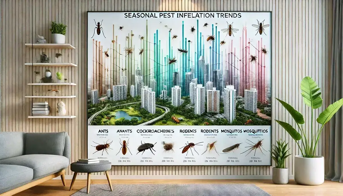 Infographic showing seasonal pest trends for ants, roaches, and mosquitoes in Singapore