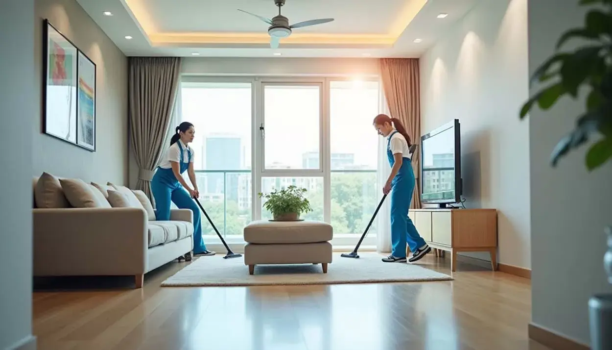 Two cleaners vacuuming the floor