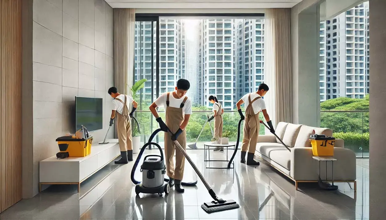 Four part time helpers cleaning living room