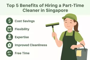 Top 5 benefits of hiring a part-time cleaner in Singapore – green-themed infographic with cleaner illustration
