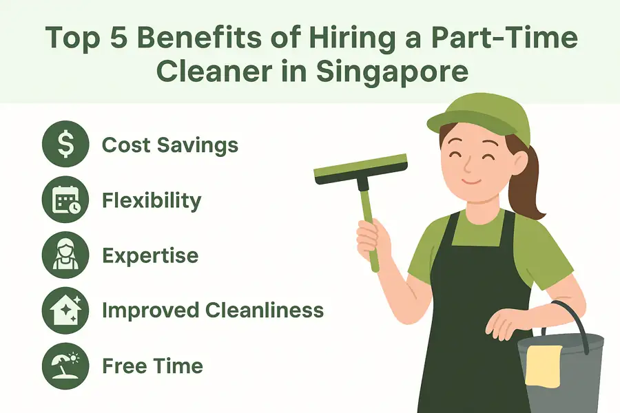 Top 5 benefits of hiring a part-time cleaner in Singapore – green-themed infographic with cleaner illustration