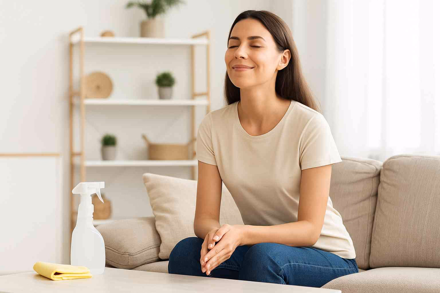 Happy woman enjoying clean home that boosts mental wellbeing