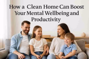 Smiling family relaxing together in a clean, cozy living room, showing the mental wellbeing benefits of a tidy home