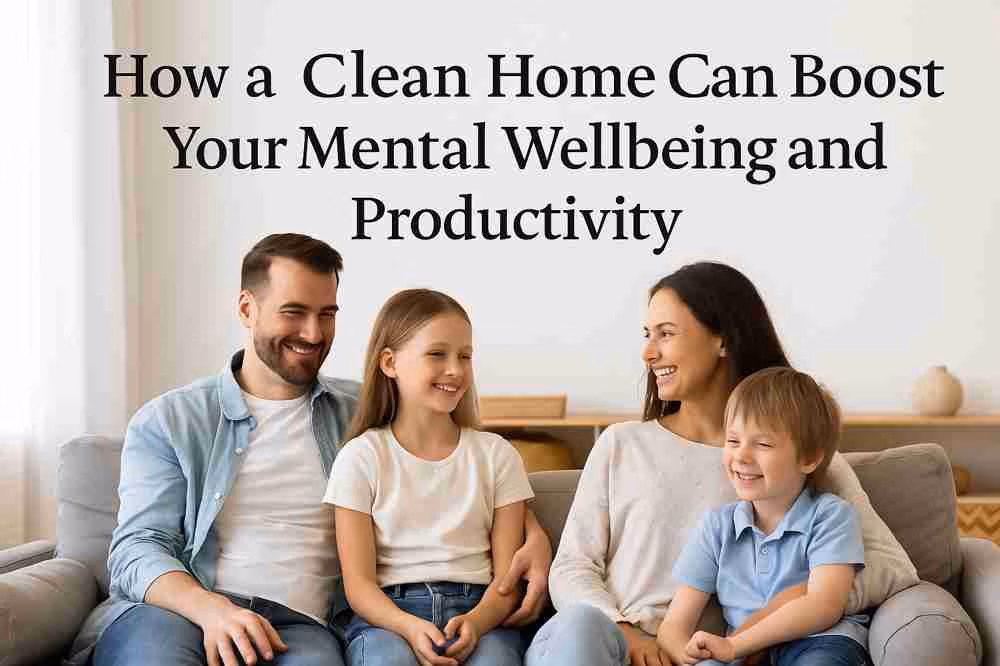 Smiling family relaxing together in a clean, cozy living room, showing the mental wellbeing benefits of a tidy home