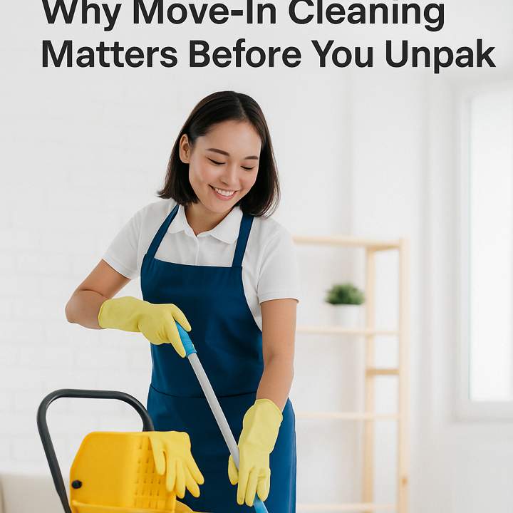 Asian female cleaner mopping floor in bright home during move-in cleaning