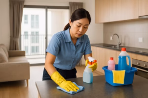what to clean before moving in – cleaner preparing kitchen before unpacking