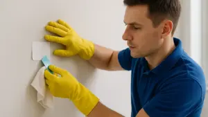 Professional cleaner using heat and a plastic scraper to remove a wall sticker.