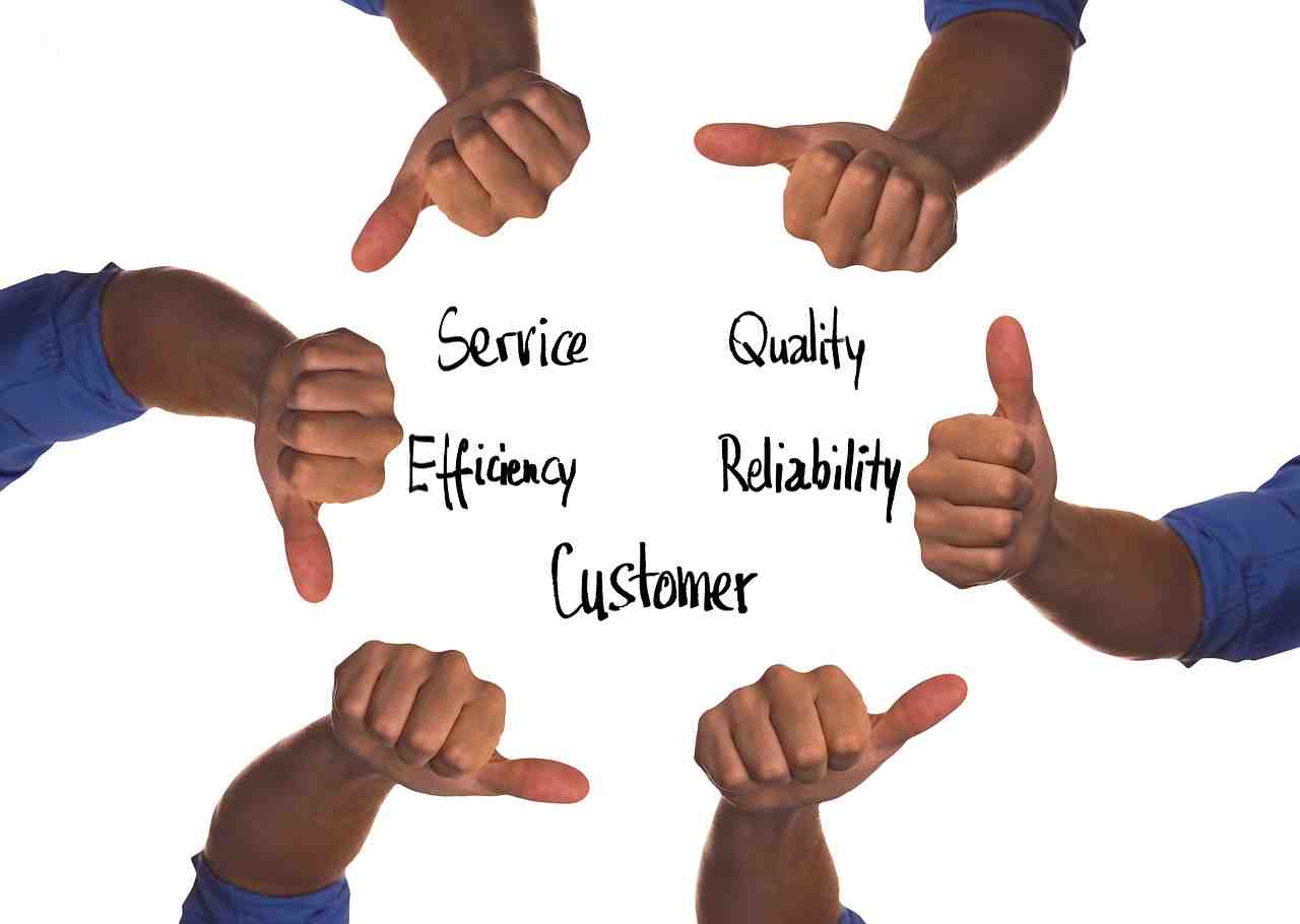 Customer service with quality, efficiency, reliability, and thumbs up