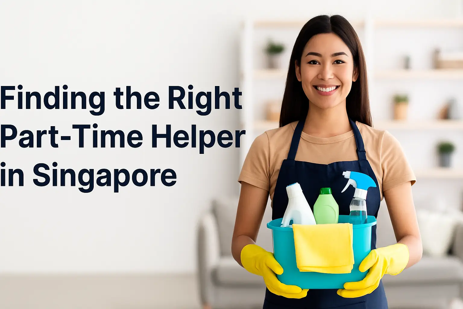 Smiling part-time helper in Singapore holding cleaning supplies in a home setting.