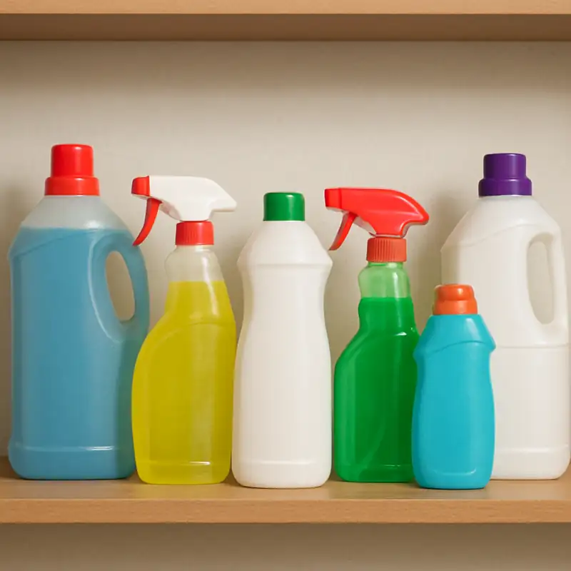 Cleaning products on wooden shelf