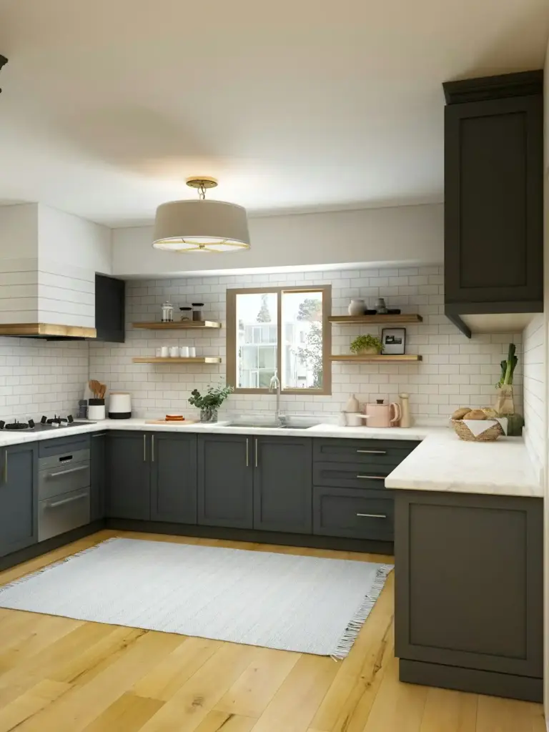 Modern kitchen with dark cabinets and marble countertops