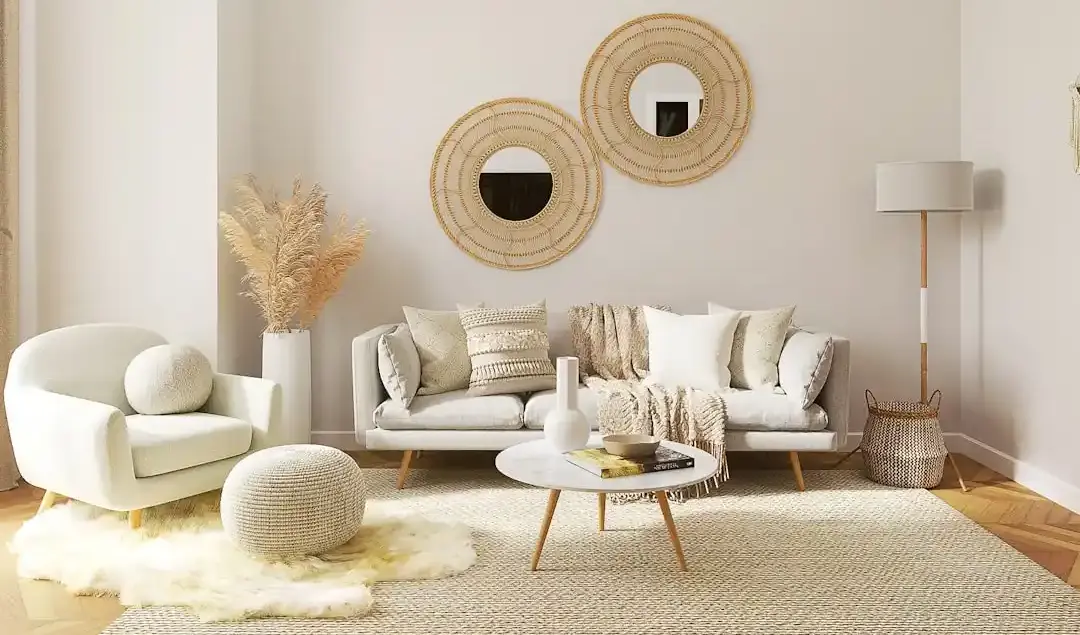 Modern cozy living room with neutral colors and soft lighting