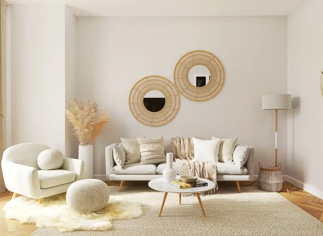 Modern cozy living room with neutral colors and soft lighting