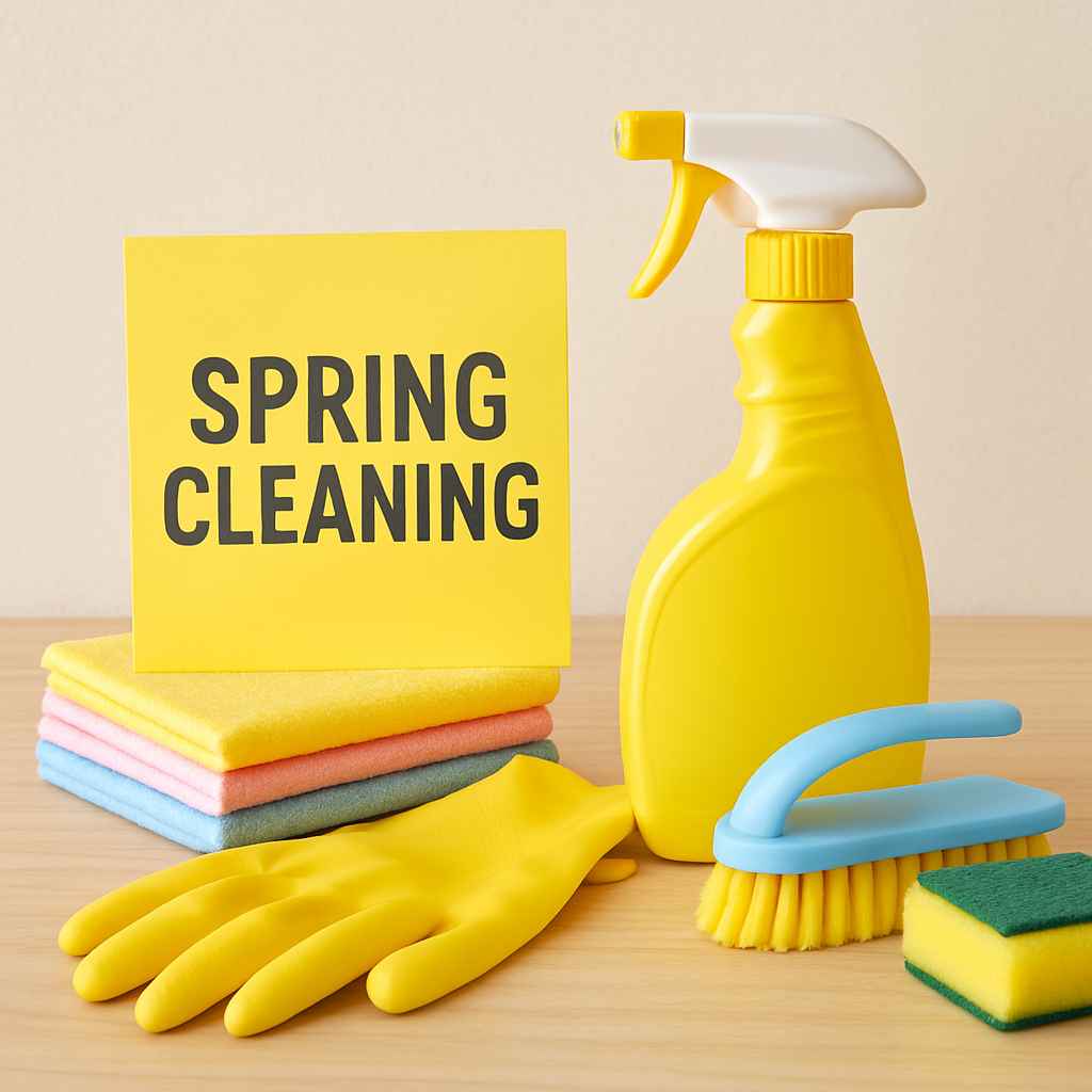 Spring cleaning supplies including gloves, spray bottle, cloths, and brush
