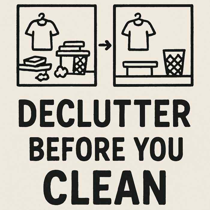 Declutter before cleaning illustration with minimal home icons.