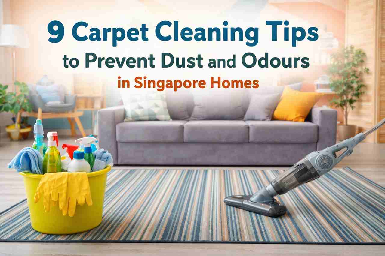 Carpet cleaning setup in a living room showing tips to prevent dust and odours in Singapore homes