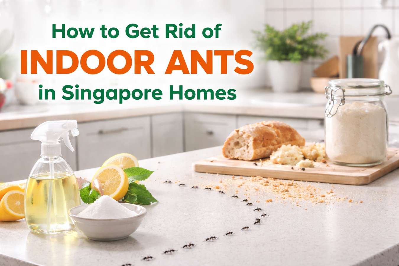 Indoor ants on a kitchen counter in a Singapore home with cleaning items used to remove ant trails