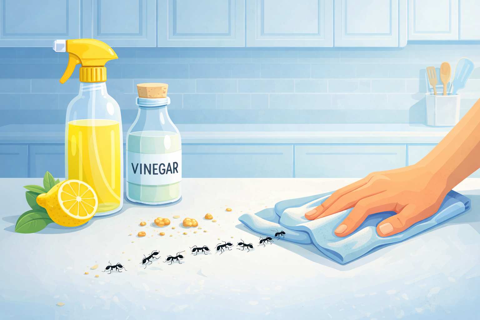 Indoor ants on a kitchen counter being removed by wiping surfaces with vinegar cleaning solution