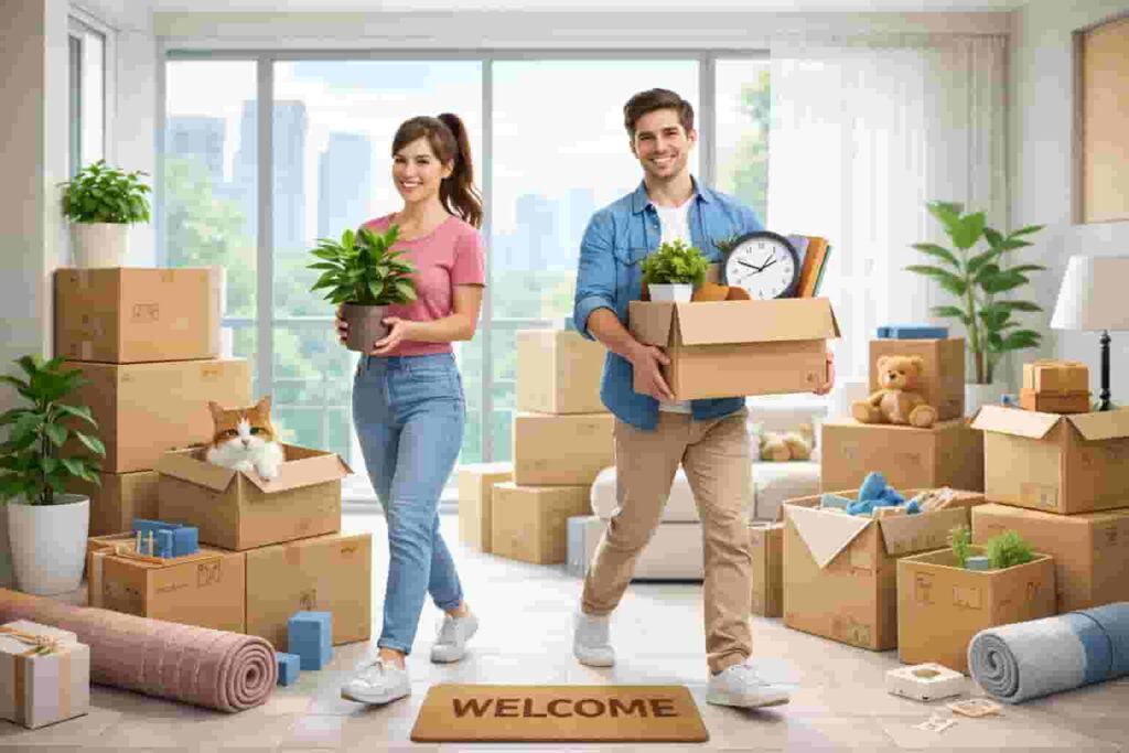 people unpacking boxes in new apartment preparing home before settling in