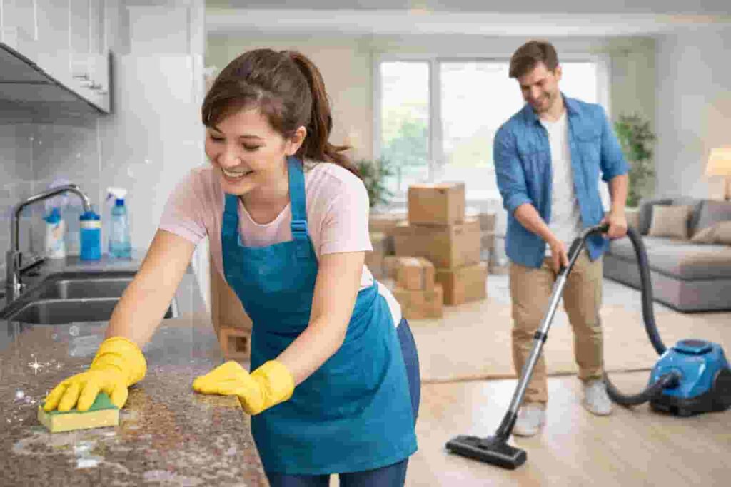 people cleaning and preparing apartment before moving out