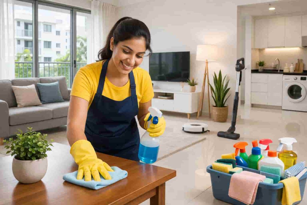 cleaner wiping table during regular home cleaning routine