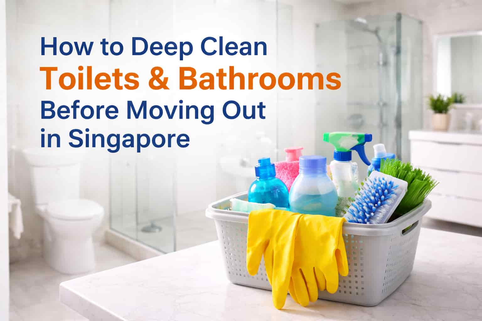 Bathroom deep cleaning before moving out in Singapore with toilet and cleaning tools