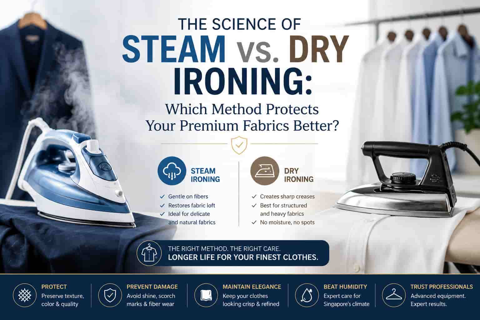 Steam iron and dry iron comparison for protecting premium fabrics and luxury clothing in Singapore