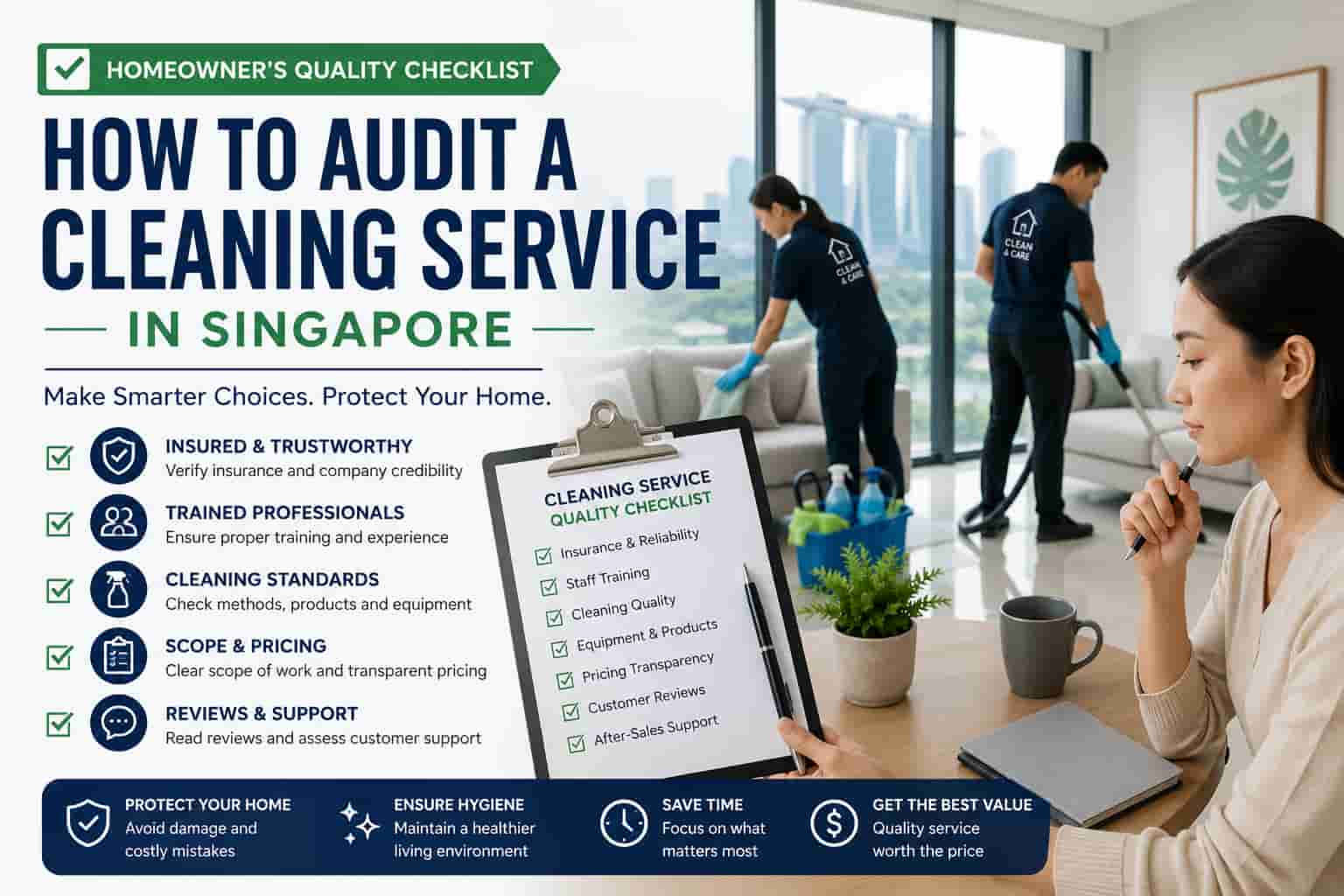 Homeowner reviewing a cleaning service quality checklist while professional cleaners work in a modern Singapore apartment.