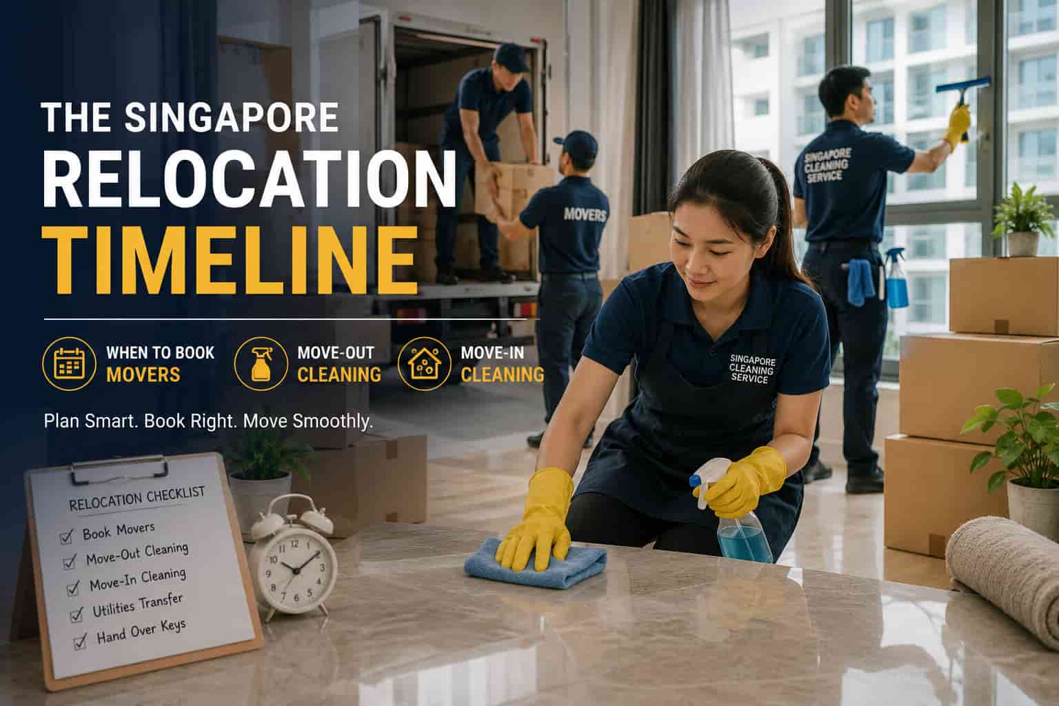 Professional cleaners and movers coordinating a move-in cleaning and move-out cleaning schedule during a home relocation in Singapore.
