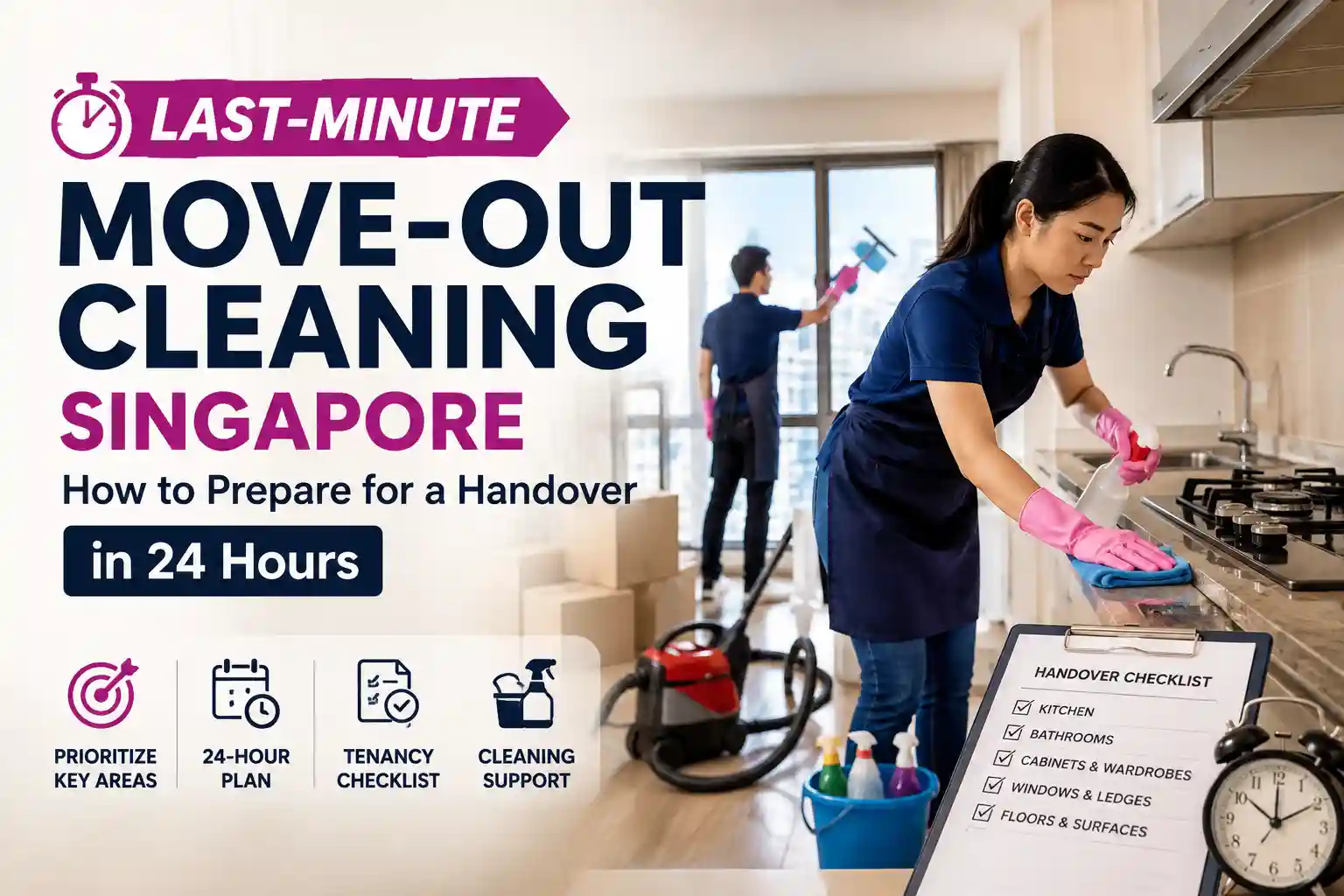 Professional cleaners preparing a Singapore apartment for a last-minute move-out handover with kitchen cleaning, window cleaning, and moving boxes visible.