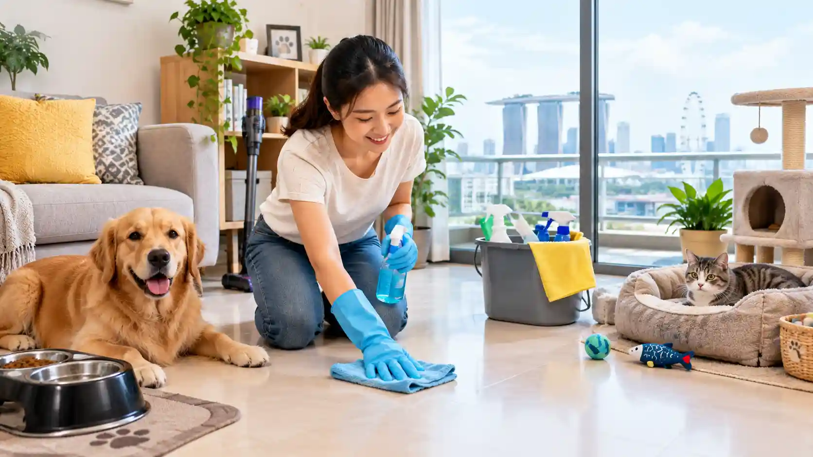 A woman cleaning a modern Singapore apartment while a golden retriever and tabby cat relax nearby, with pet beds, toys, food bowls, and cleaning supplies visible.