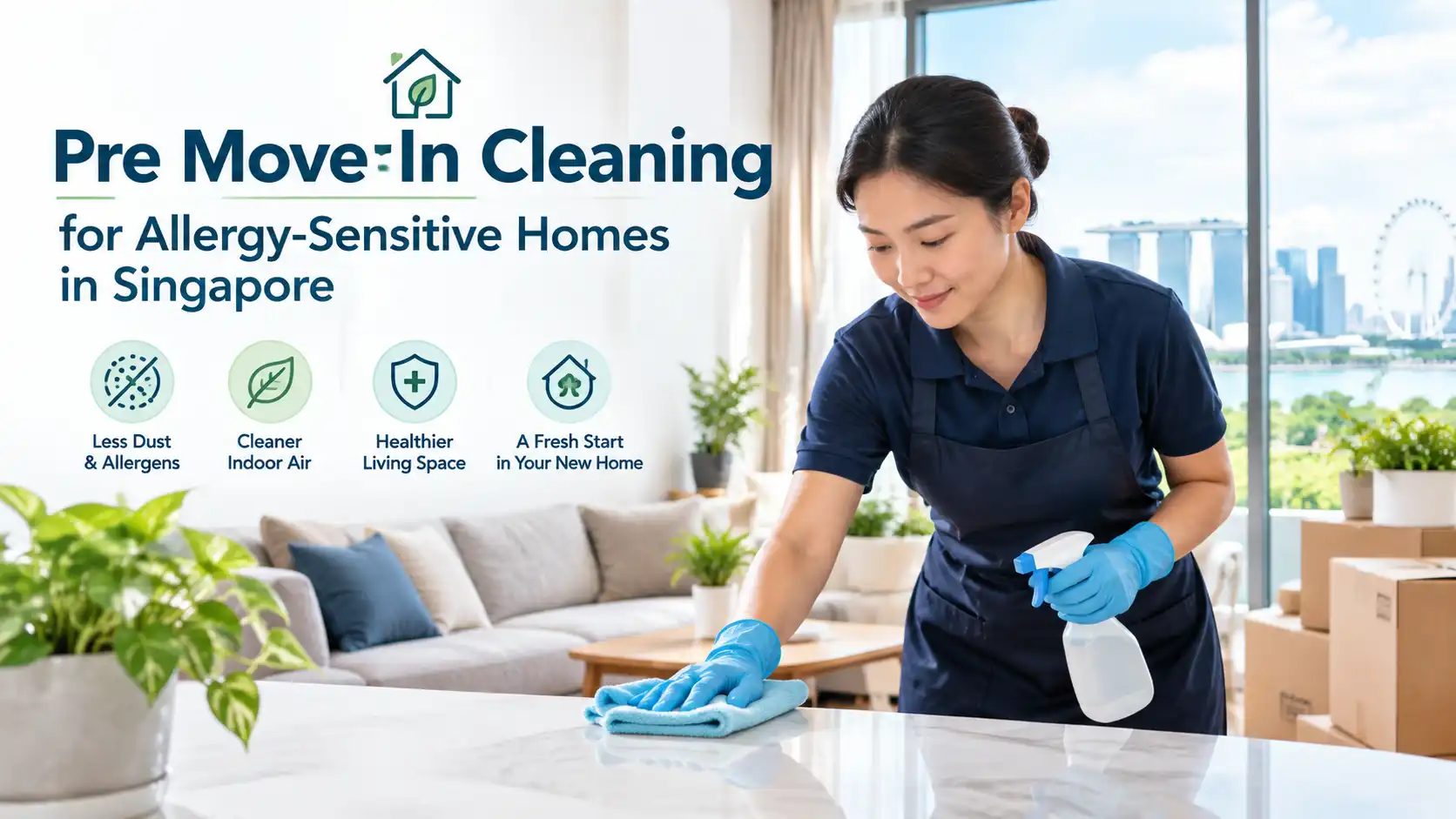 Professional cleaner preparing a Singapore home for move-in with allergy-sensitive cleaning