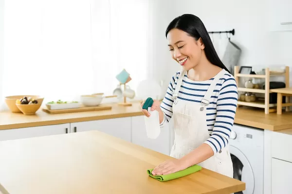 Smiling woman cleaning kitchen counter with spray bottle and cloth