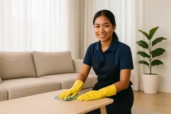 Image 1: Singapore house cleaner wiping table in a professionally cleaned modern living room